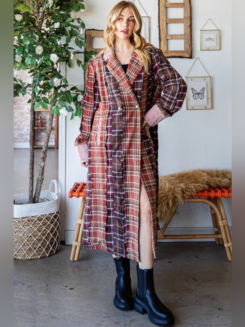 Oli & Hali Plaid Coat in red, washed red & navy NWOT